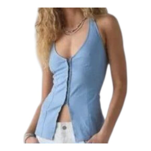 URBAN OUTFITTERS Women's M Sari Halter Top Linen Blend Seamed Hooks Blue Fitted - Picture 1 of 11
